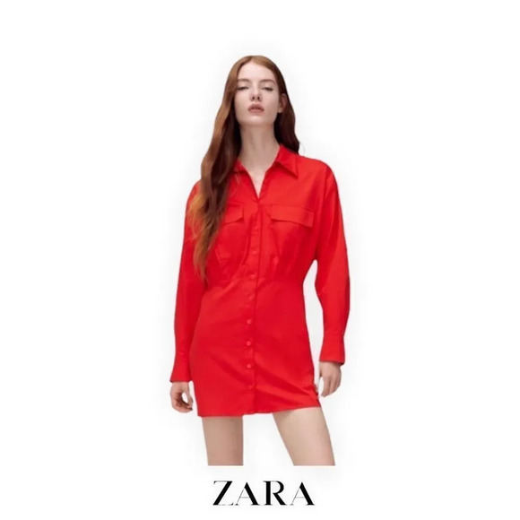 ZARA | Red | POPLIN SHIRT DRESS - Picture 8 of 10